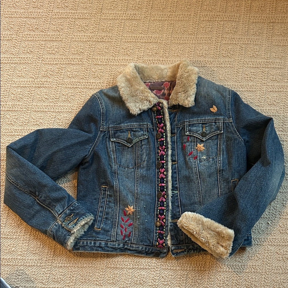 Free People Blue Denim Jacket with Faux Fur and Embroidery